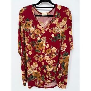 BE STAGE Burgundy Floral Twist Hem V Neck Long Sleeve Tunic Top 3XL